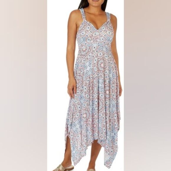 American Rag Cie Red White and Blue Mosaic Smocked Dress Size Medium - Picture 10 of 11